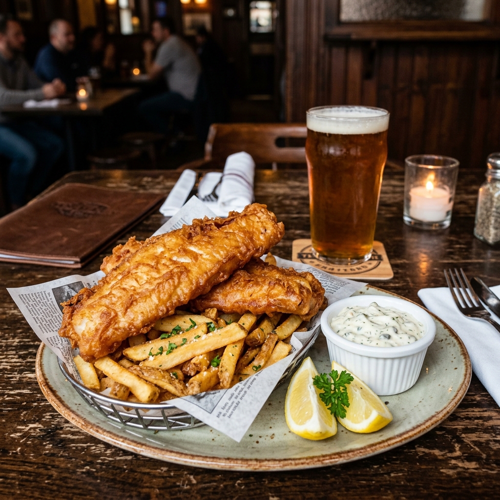 Crispy flounder Fish and Chips with tartar sauce