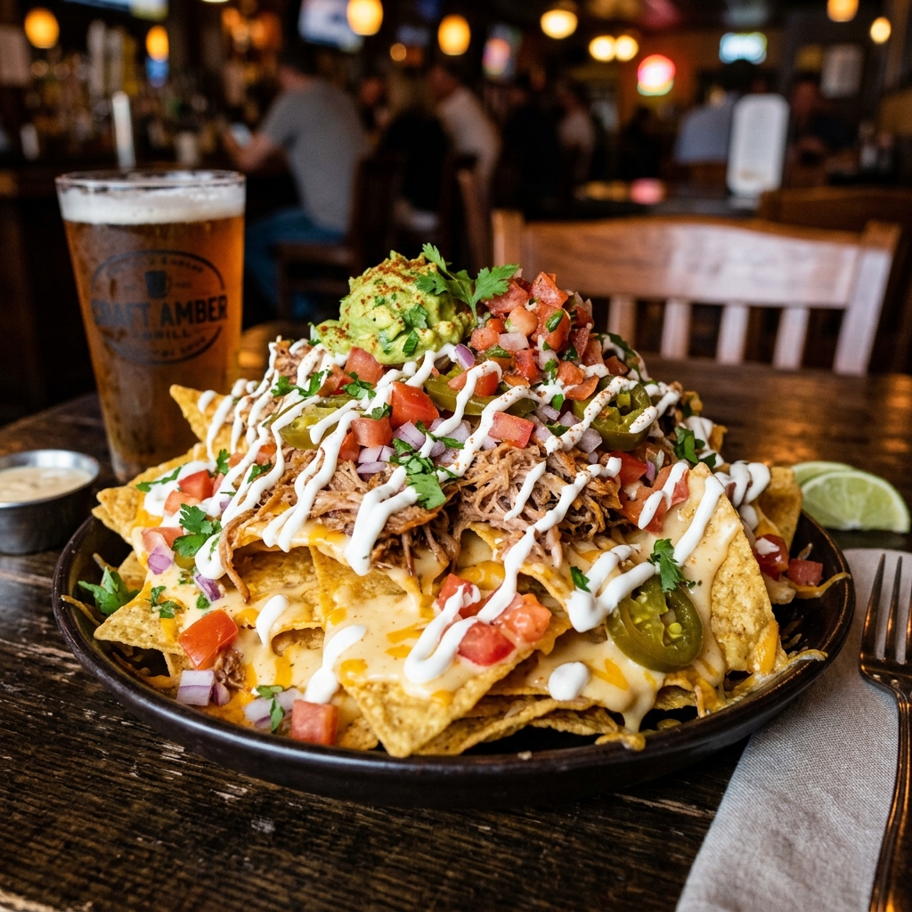 Nachos Grande loaded with cheese, meat, and sour cream