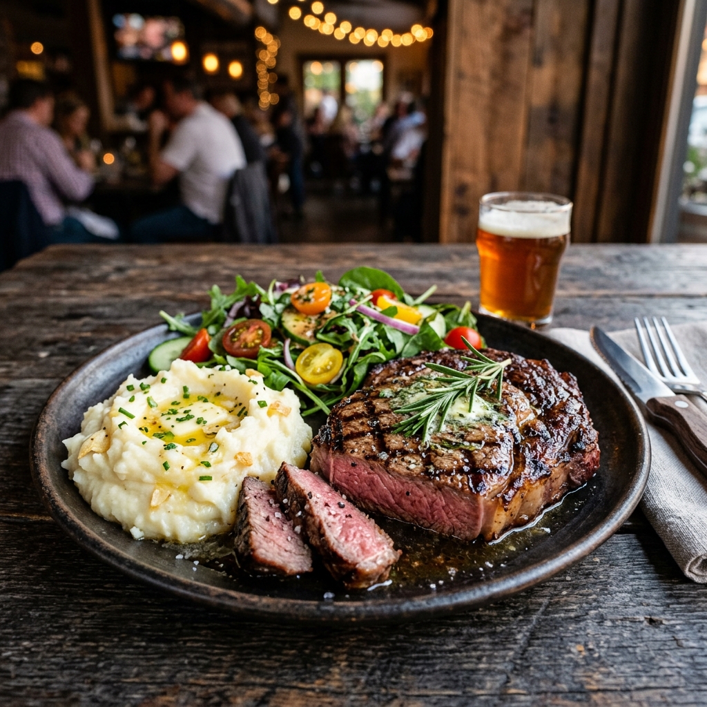 Chargrilled Ribeye Steak with mashed potatoes and salad
